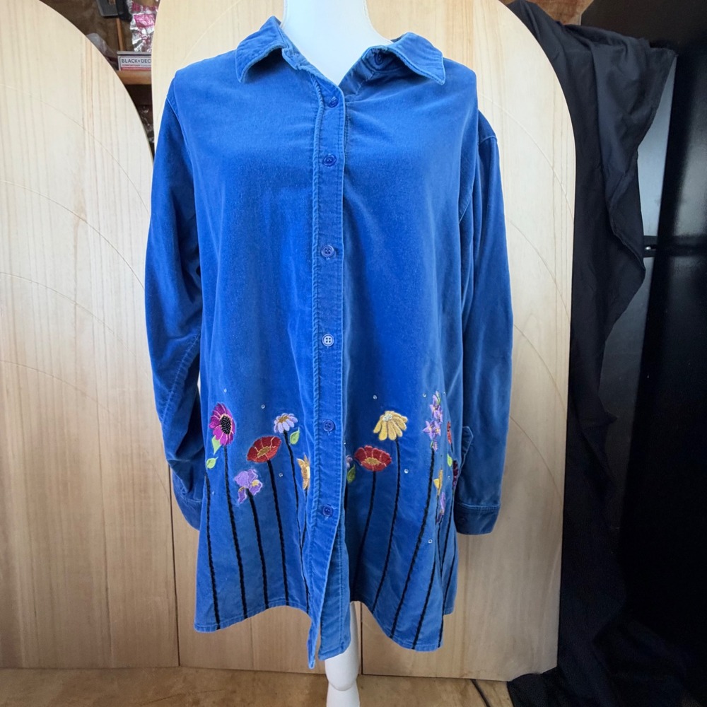 Quacker Factory Corduroy Shirt Womens 1X Blue Floral Embroidered Button Up